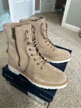 Cole Haan Taupe Suede Lace-Up Combat Boots with White Lug Sole